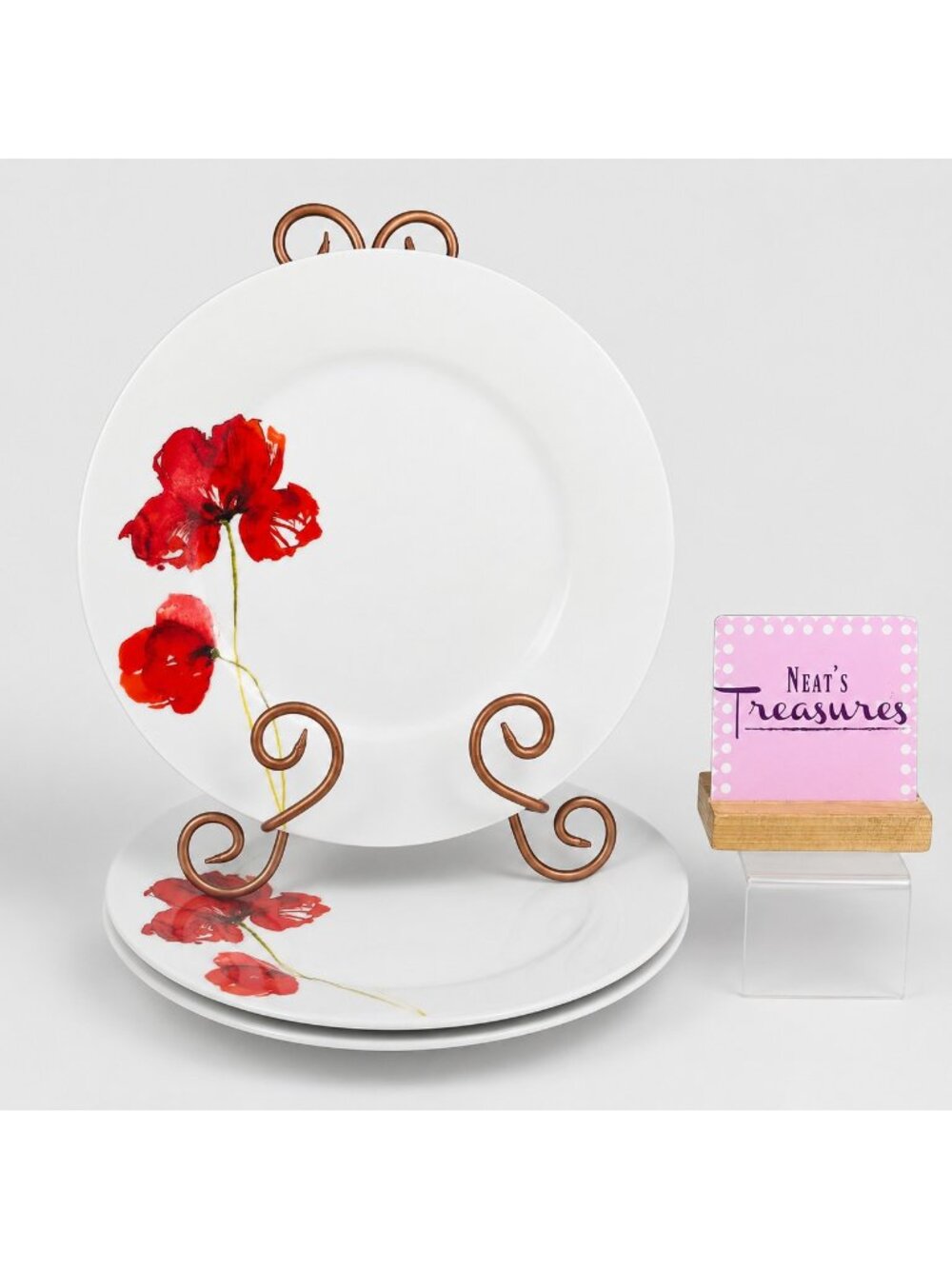 H2K Home To Kitchen POPPI Red Floral White Porcelain 10.5" Dinner Plates Set 3